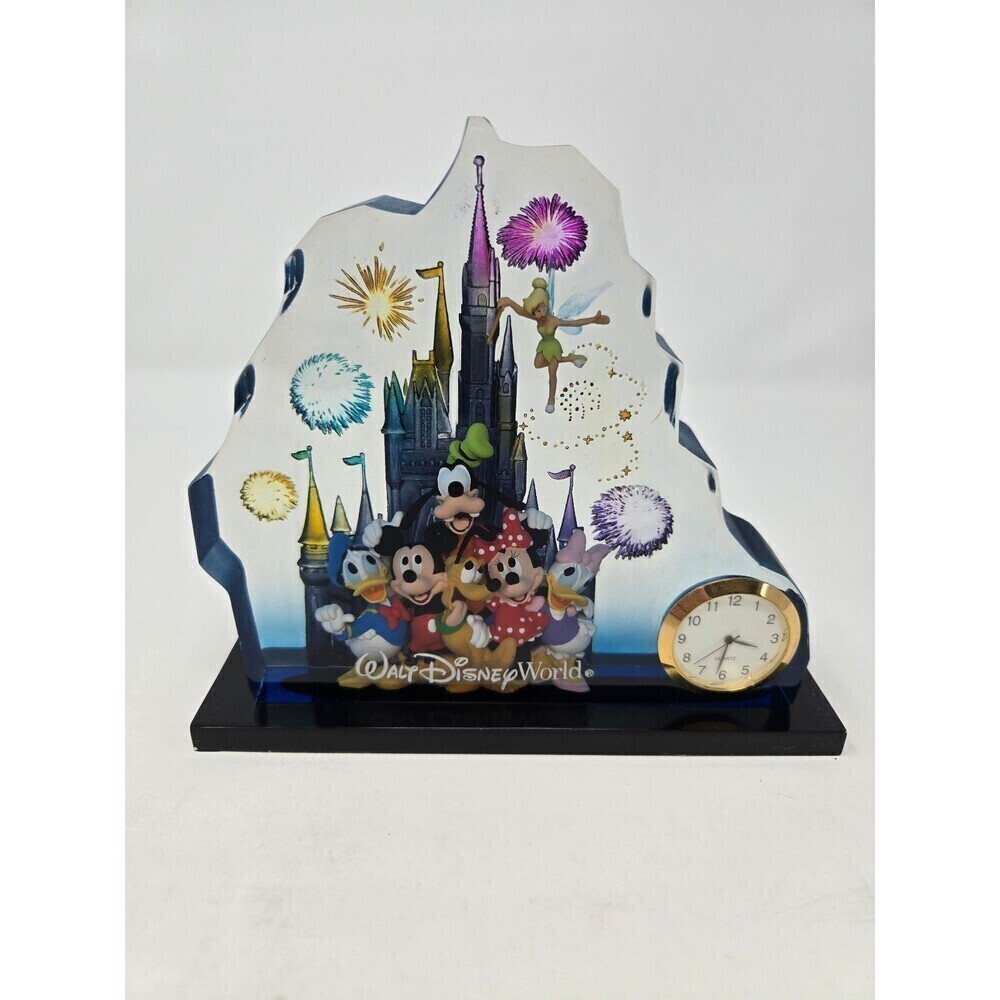 DISNEY PARKS WALT DISNEY WORLD ACRYLIC LUCITE STANDING CLOCK CASTLE FIREWORKS